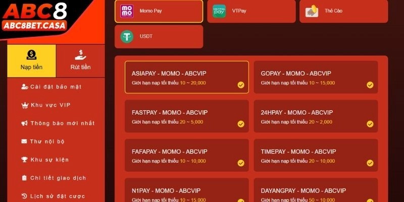 Nạp tiền ABC8 thông qua ví điện tử